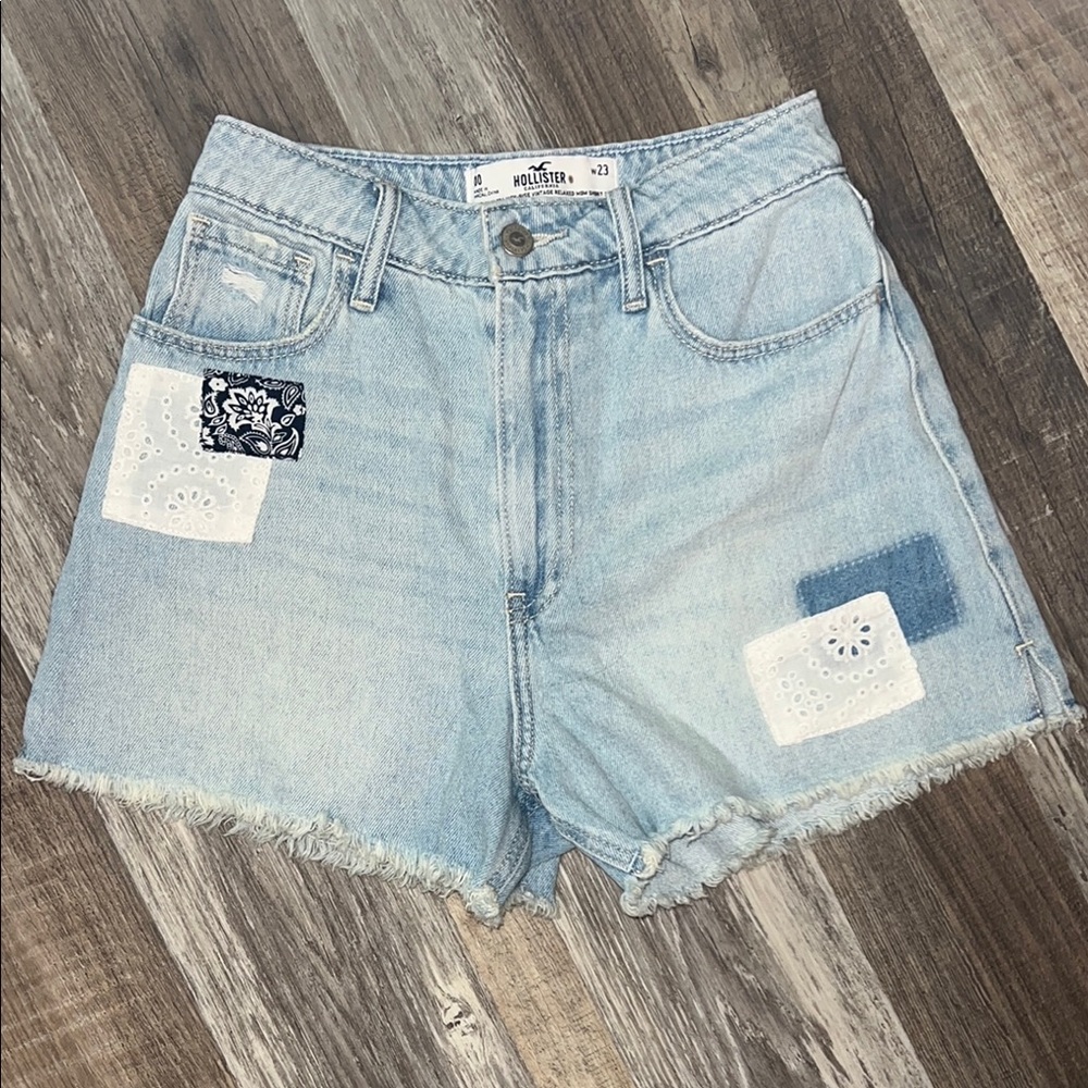 Hollister Blue Jean patchwork Shorts High-Rise Frayed Hem